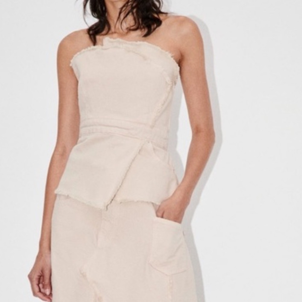 Tractr Camel Cream Denim Frayed Asymmetrical Zip Smocked Strapless Blouse